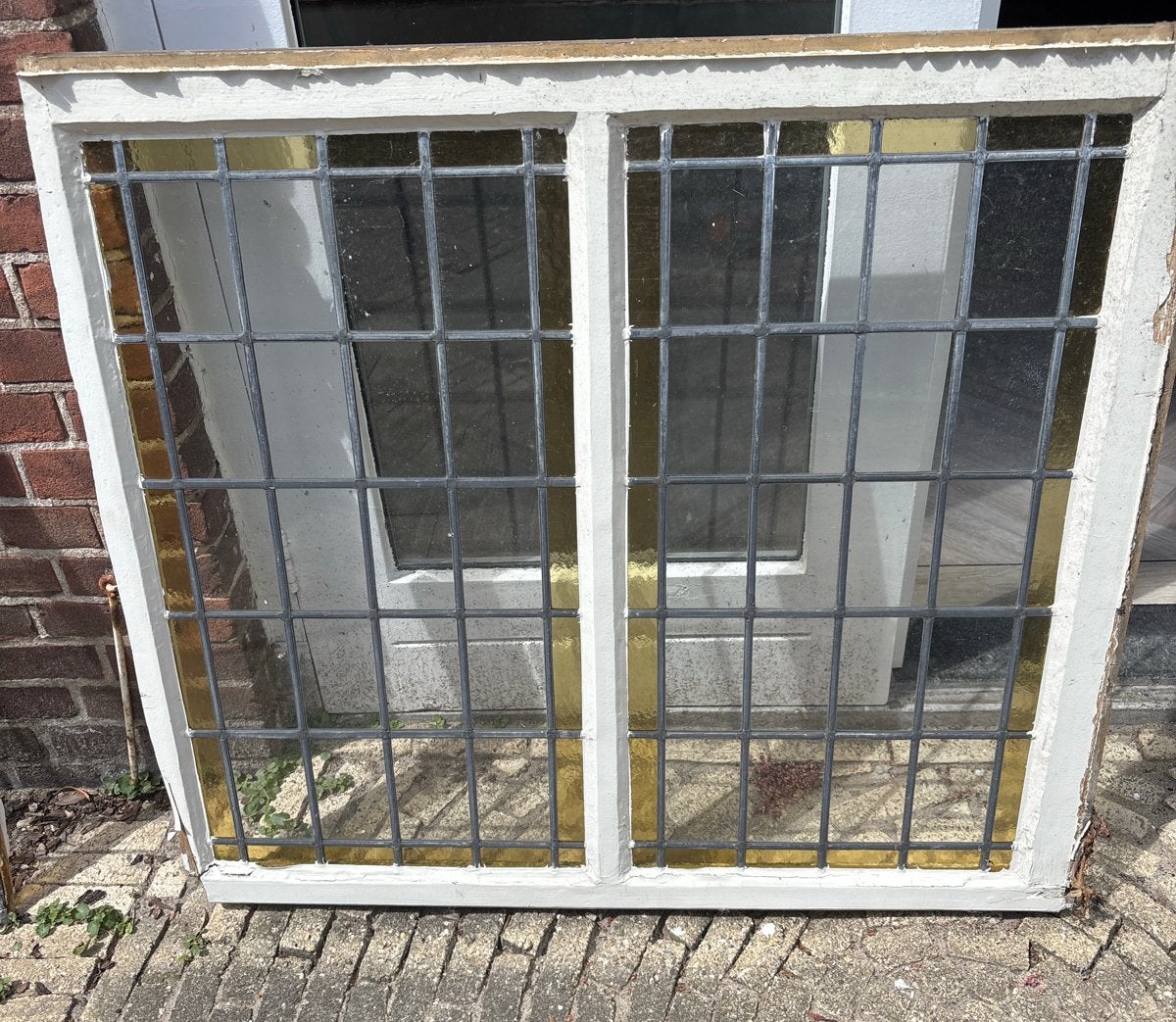 3x Oude glas in lood ramen en ruiten, origineel uit huis, Ophalen, Gevelraam of Ruit, Gebruikt, Minder dan 80 cm