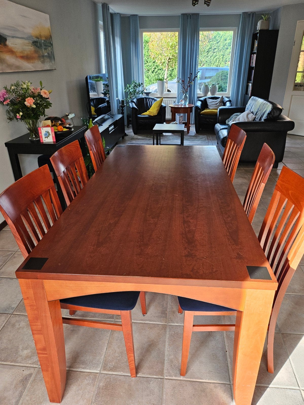 Degelijke kersenhouten tafel met 6 stoelen, Ophalen, Gebruikt, 4 tot 6 stoelen