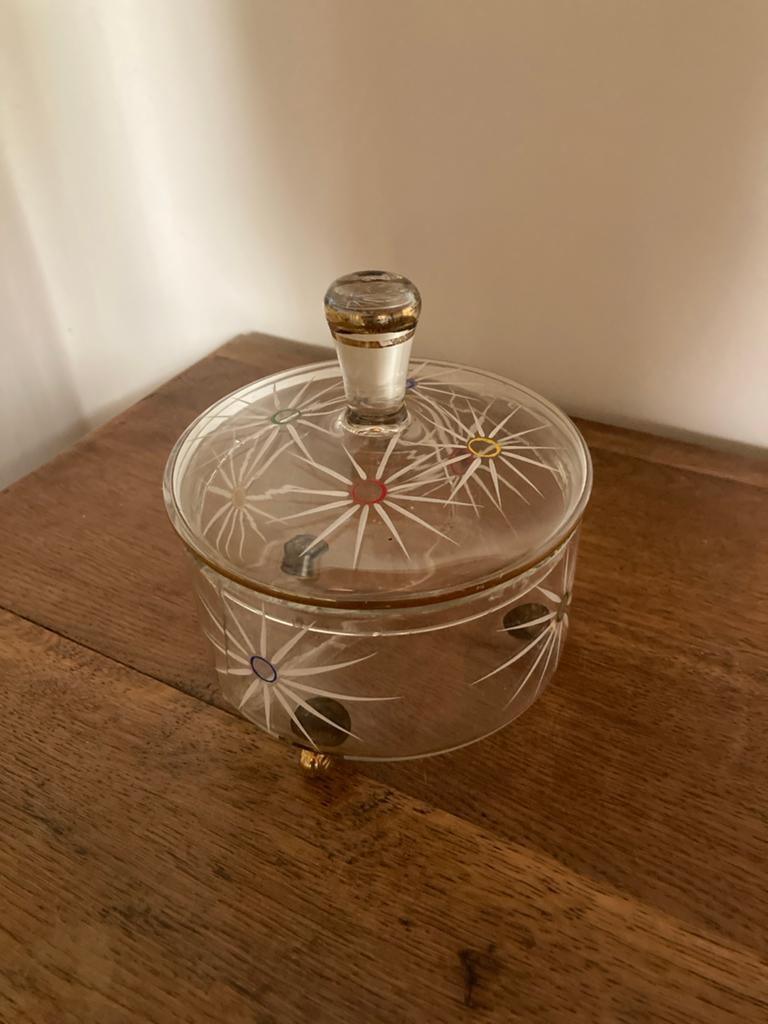 Vintage glazen koekjespot met deksel - Gebroken, Antiek en Kunst, Antiek | Glas en Kristal, Ophalen of Verzenden