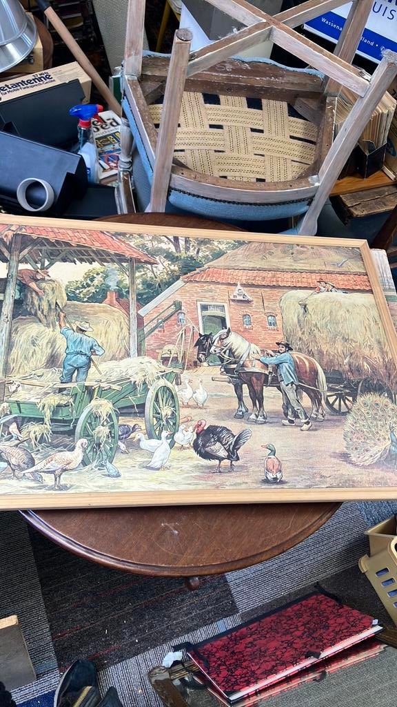 3 Oude Platen - Landelijk Tafereel, deels beschadigd, Antiek en Kunst, Antiek | Schoolplaten, Ophalen, Overige thema's