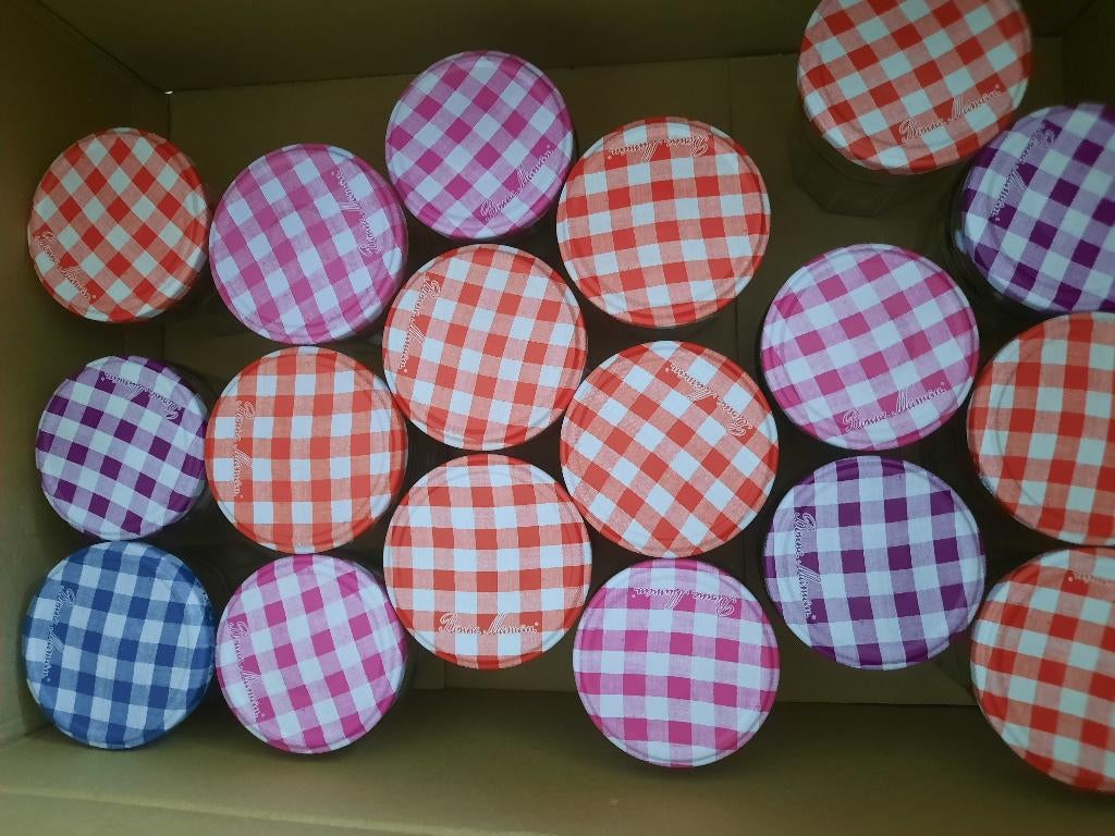 Mooie schone lege Bonne Maman  jampotjes gekleurd deksel, Overige typen, Ophalen of Verzenden, Zo goed als nieuw, Glas