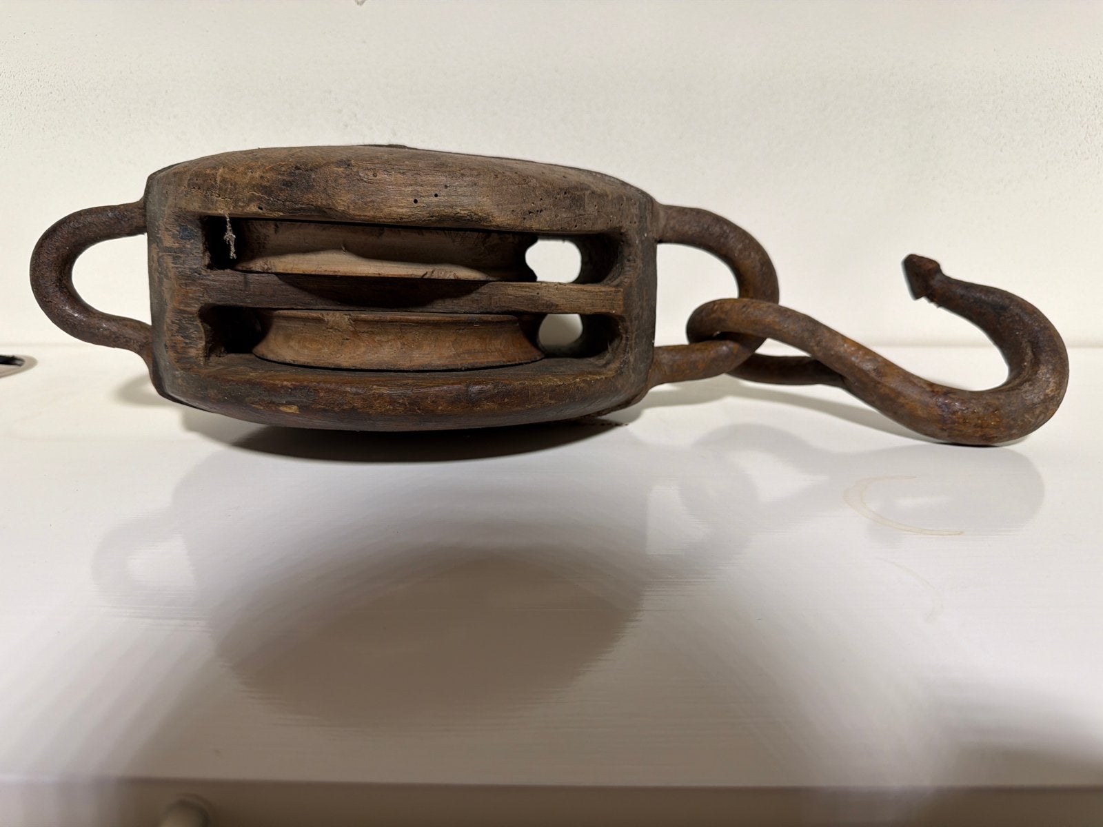 Antieke houten katrol met haak - Decoratief scheepvaart, Ophalen