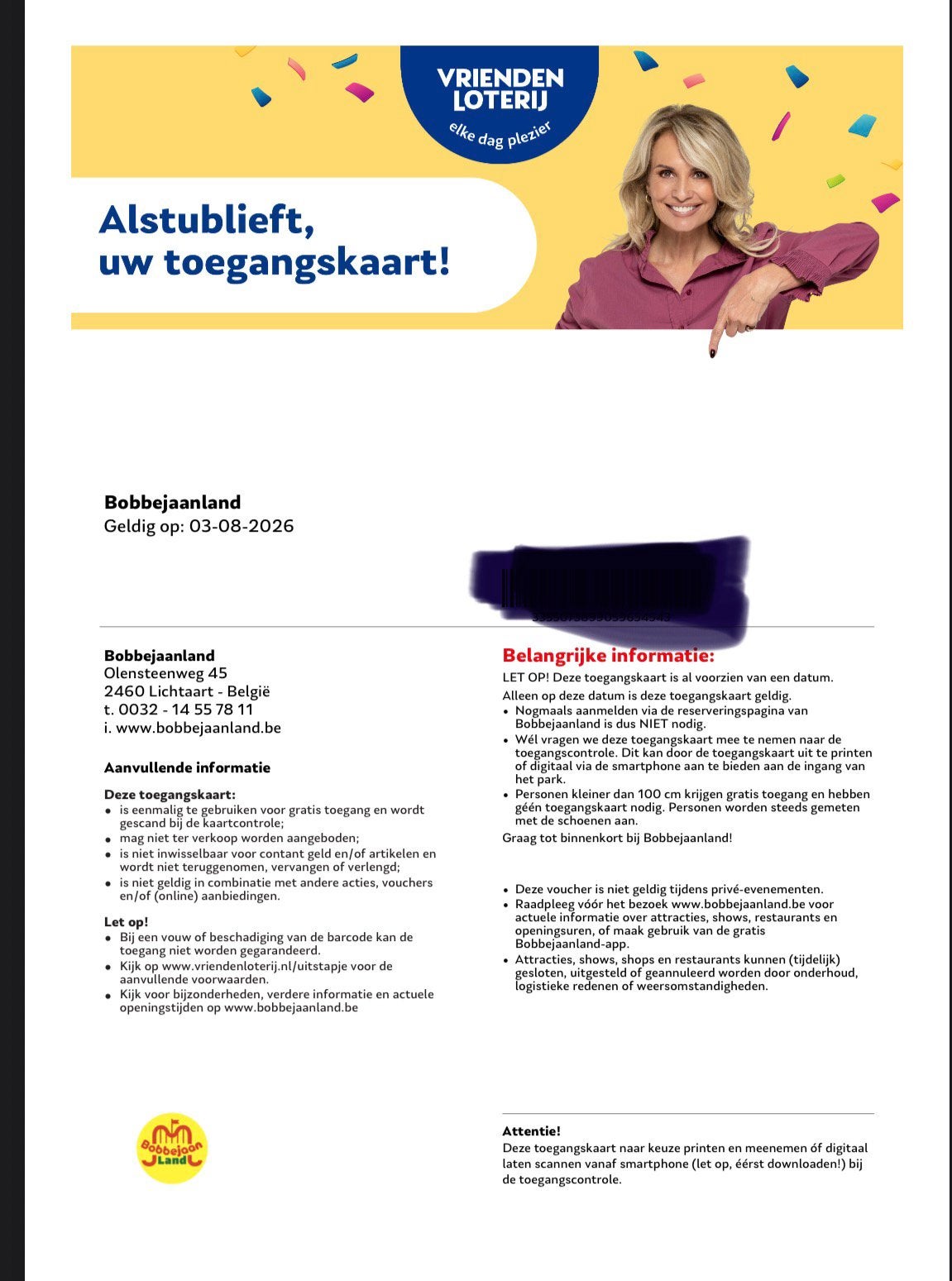 Toegangskaart Bobbejaanland geldig 3-8-2026, Eén persoon, Ticket of Toegangskaart