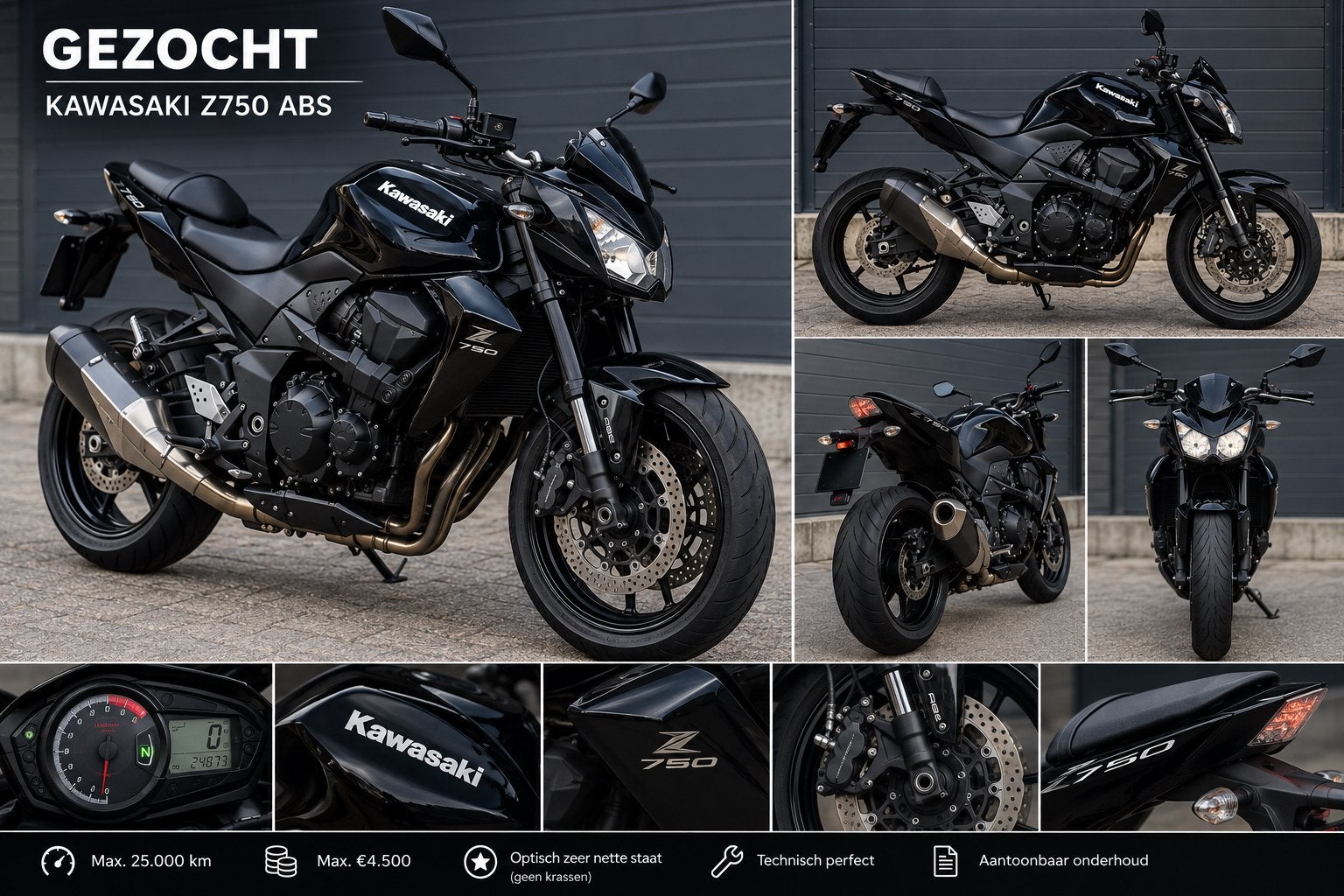 GEZOCHT: KAWASAKI Z750 ABS- ZWART, Particulier, Naked bike