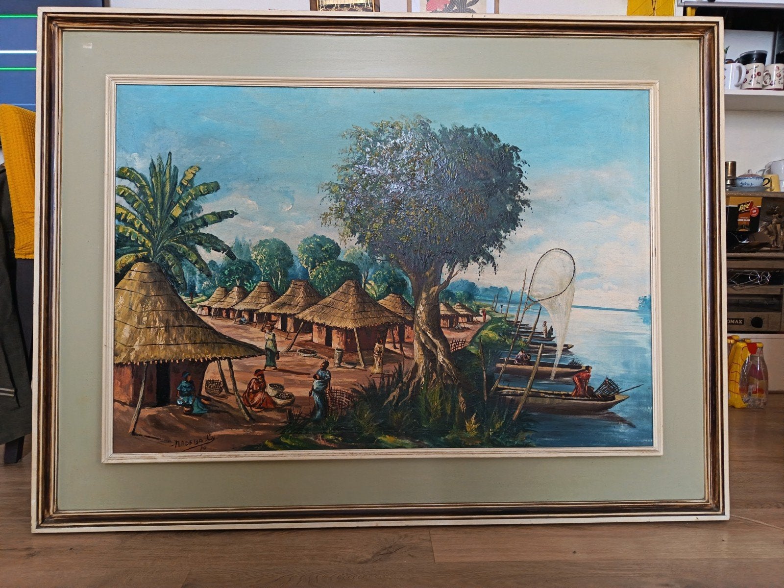 Groot formaat schilderij uit Congo, gesigneerd 1970, Schilderij, Afrika, Ingelijst, Meerkleurig
