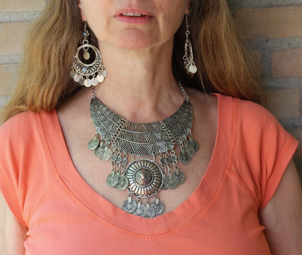 Boho hippy chic halssnoer zilverkleur maansikkel Isis, Overige materialen, Verstelbaar, Nieuw, Ophalen of Verzenden