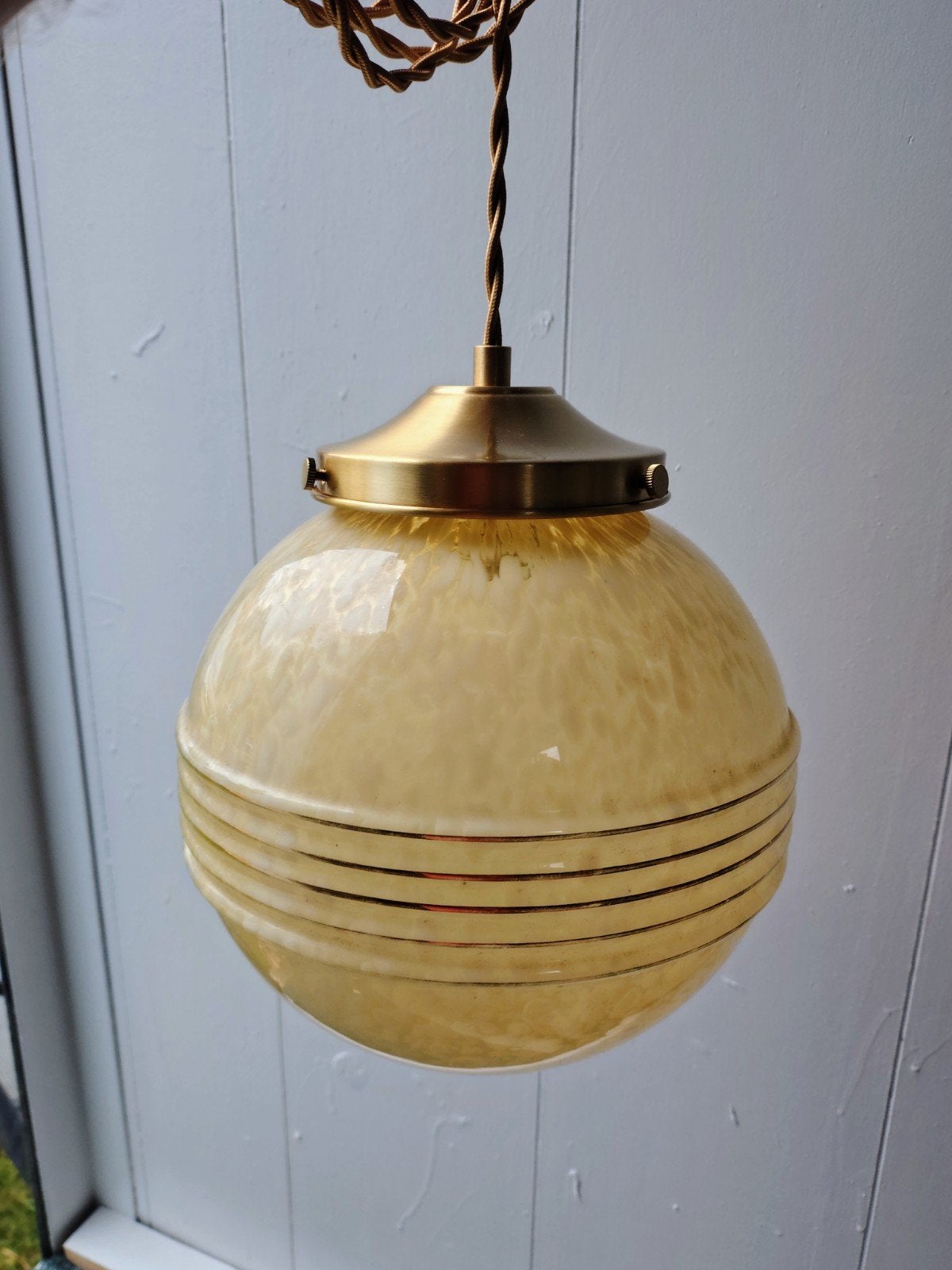 Vintage glazen bol hanglamp - Art Deco stijl, Huis en Inrichting, Gebruikt, Glas, Art Deco, E27 (groot)