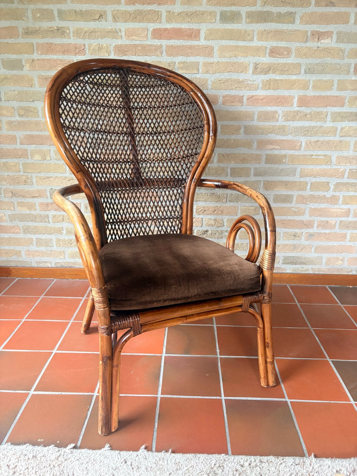 Vintage Bamboe Loungestoel met Rotan Frame en Kussen, Gebruikt, No, Bruin, Mid century bohoo