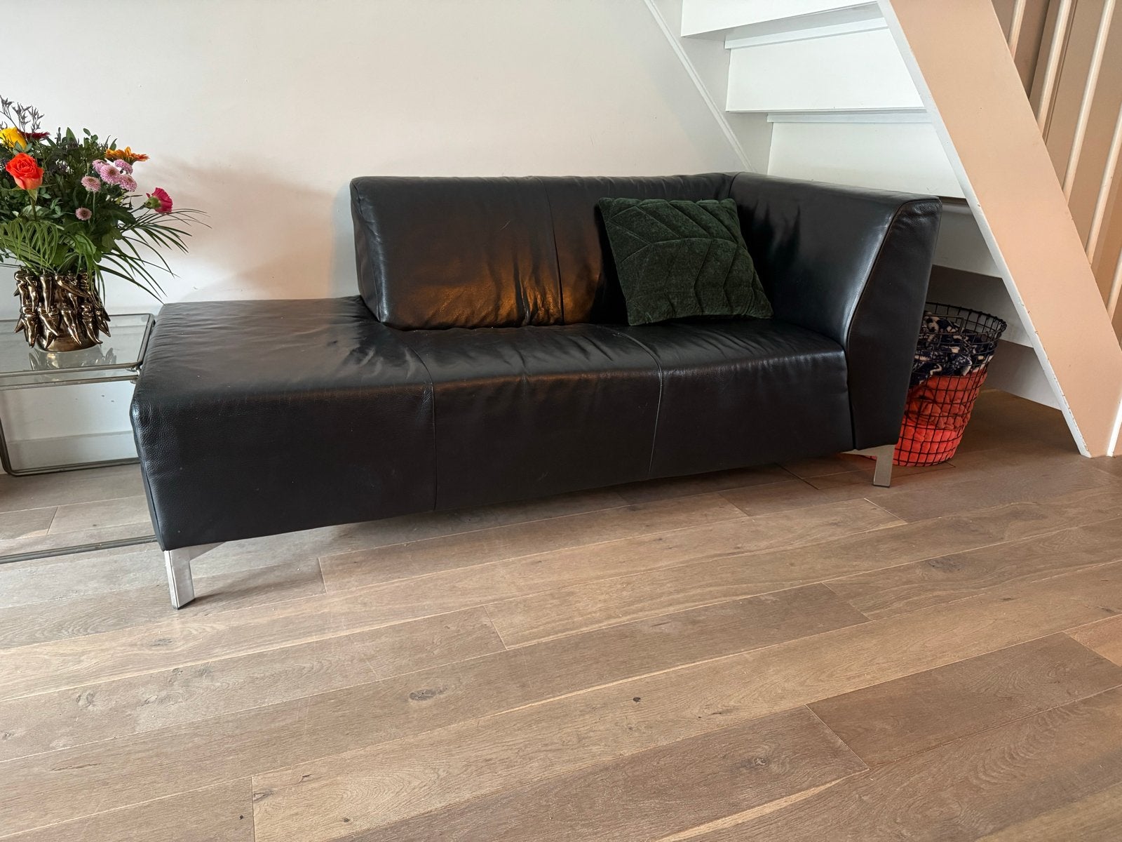 Montel Zwarte leren chaise longue  85x180, Huis en Inrichting, Ophalen, Gebruikt, Eenpersoons, 125 tot 150 cm