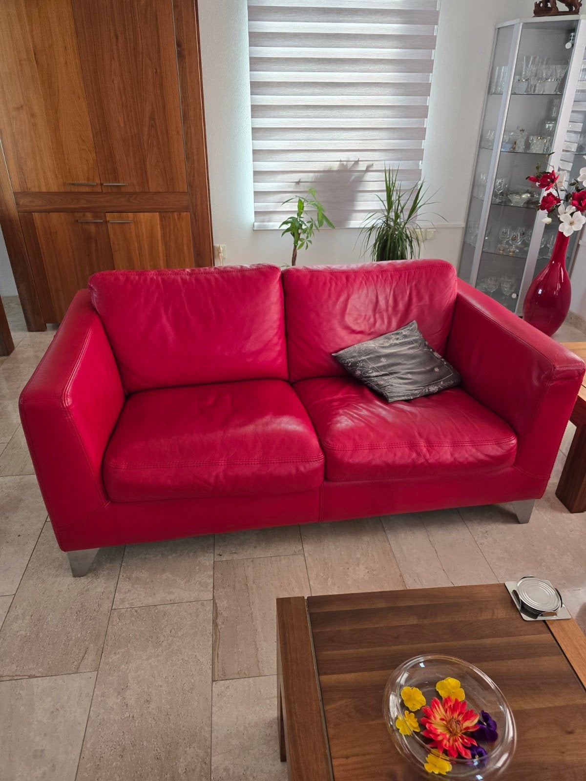 Rood leren bankstel: 3-zits en 2-zits met kussens, Huis en Inrichting, Ophalen, Gebruikt, Leer, Rechte bank