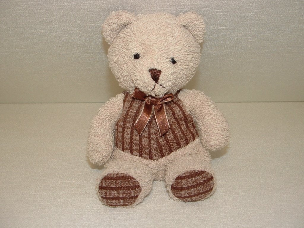 MOOIE BEER BADSTOF BEIGE MET TRICOT BRUIN/BEIGE GESTREEPT, Verzenden, Nieuw, Beer
