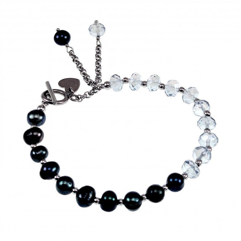 Armband Dames Transparante Blauwgrijze Kristal Zwarte Parels, Met bedels of kralen, Staal, Birgitta-Gracht 33, 6465 EL Kerkrade, Nederland
