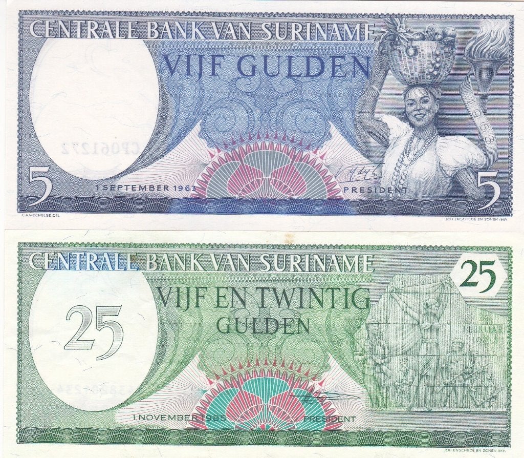 SURINAME VIJF EN 25 GULDEN PRACHTIG, Postzegels en Munten, Bankbiljetten | Nederland, Ophalen of Verzenden, 25 gulden