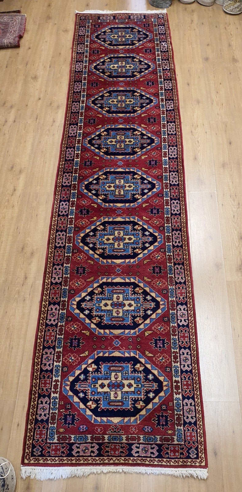 Vintage handgeknoopt perzisch tapijt loper kazak 400x90
