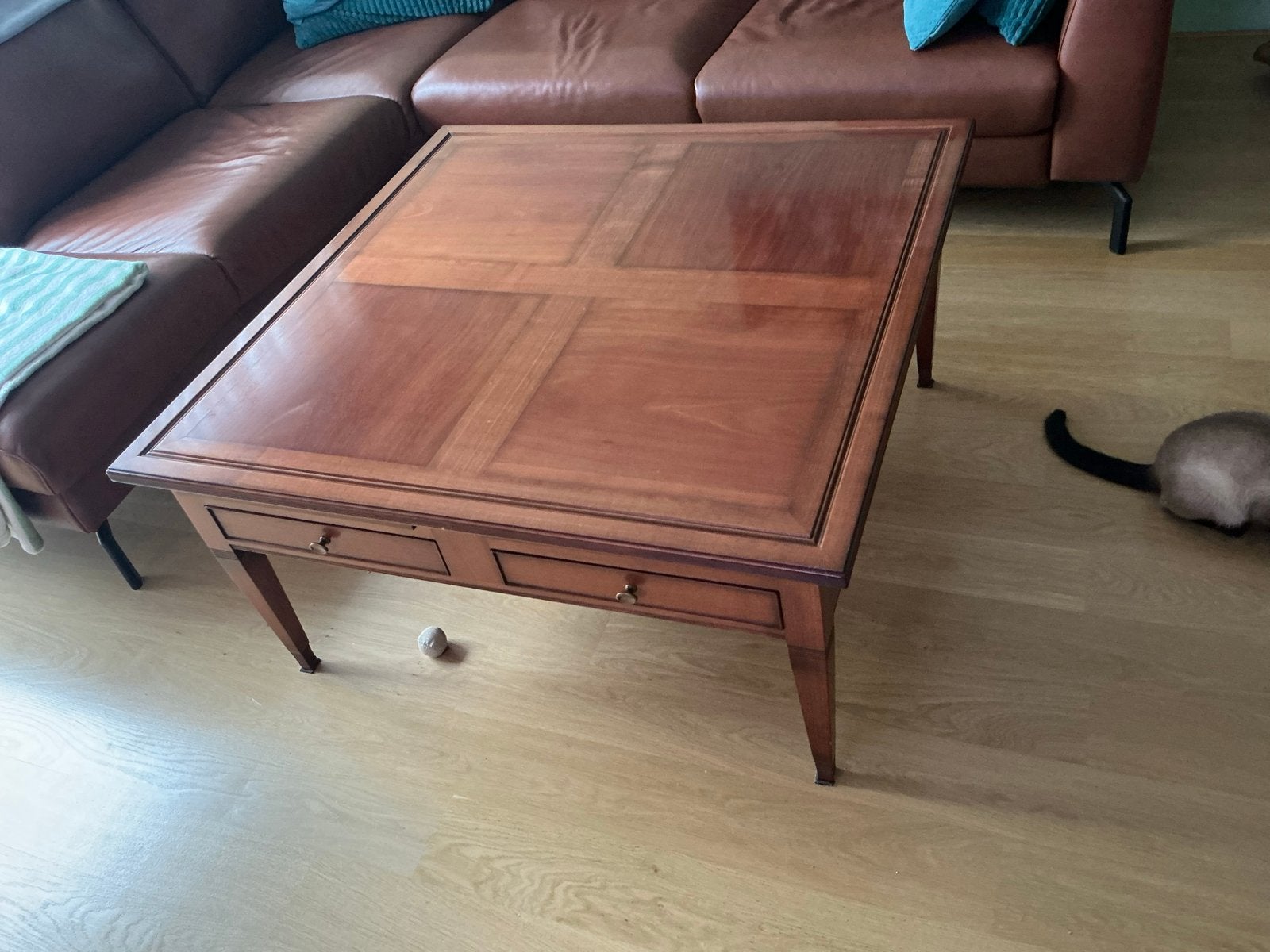 Massief kersen salontafel met uitschuifbare bladen, Huis en Inrichting, Ophalen, Gebruikt, Vierkant, 50 tot 100 cm