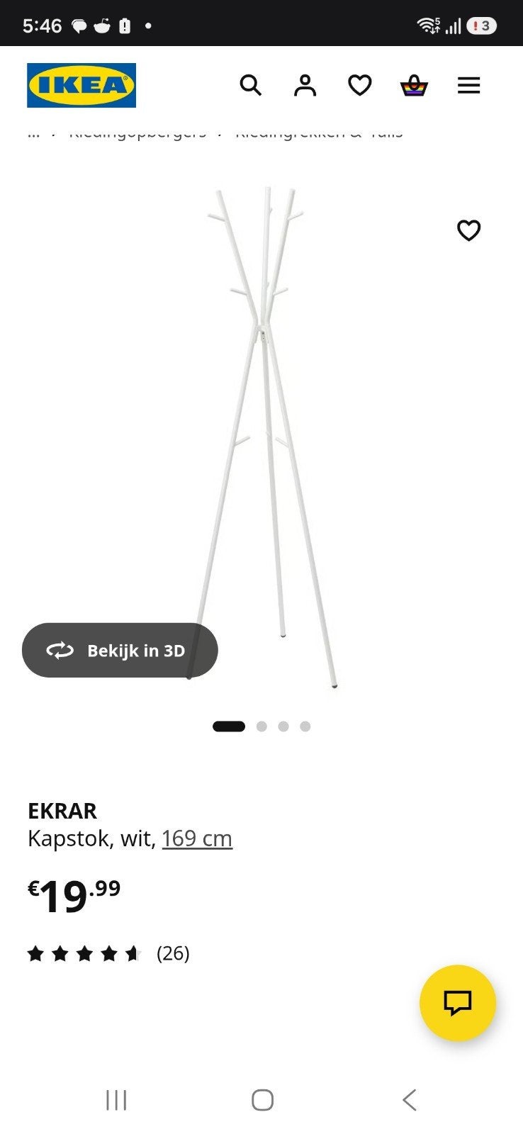 IKEA EKRAR Kapstok, wit, 169 cm, Ophalen, Zo goed als nieuw, Metaal, Staande kapstok