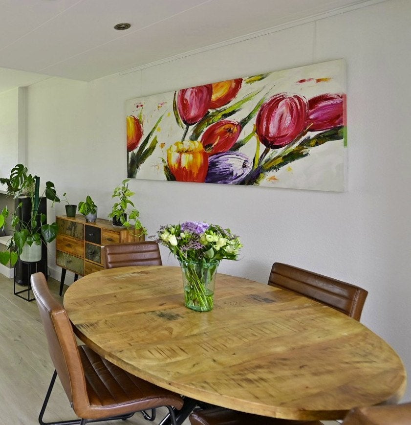 Groot modern en kleurrijk tulpen schilderij (150 cm x 75 cm), Ophalen