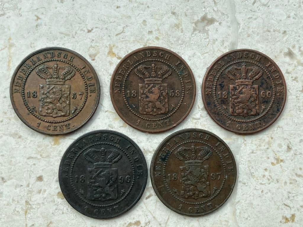 Nederlands Indie 5x 1 cent 1857-1897, Postzegels en Munten, Munten | Nederland, Ophalen of Verzenden, Koningin Wilhelmina, 1 cent