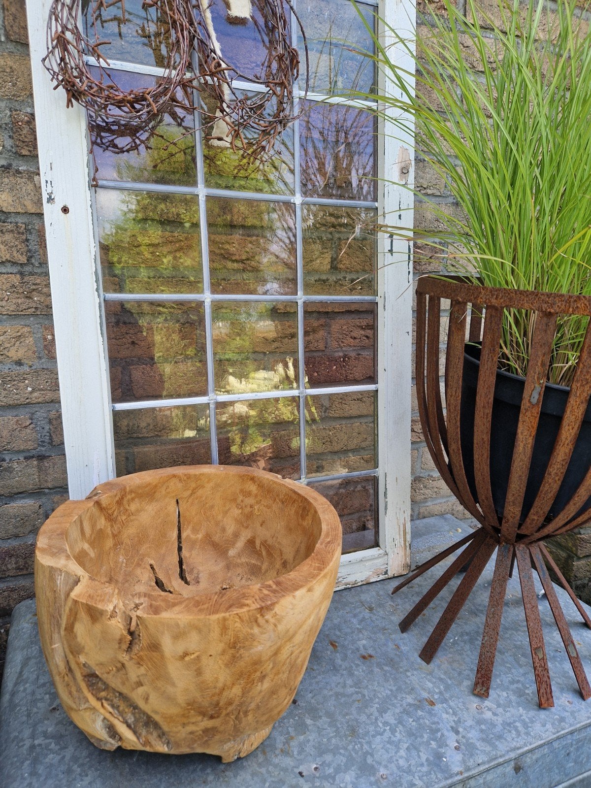 Decoratieve teak wortel houten plantenbak - Ø 29 cm, Ophalen