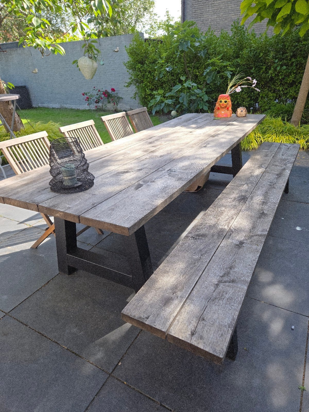 Robuuste houten tuintafel met bankje, Tuin en Terras, Ophalen, Zo goed als nieuw, Rechthoekig, Hout