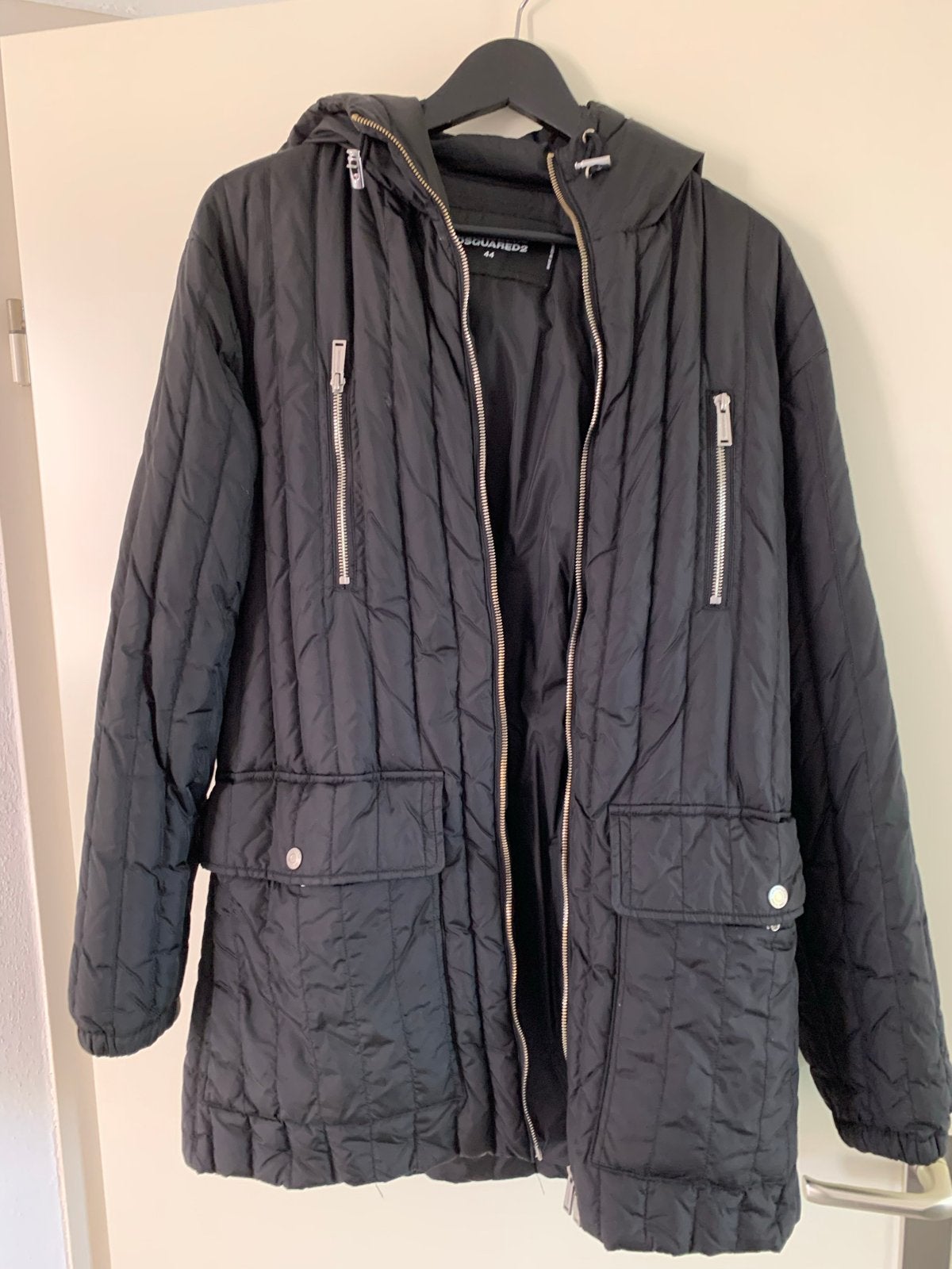Dsquared2 Zwarte Gewatteerde Jas met Capuchon, Ophalen of Verzenden, Zo goed als nieuw, Maat 42/44 (L), Zwart