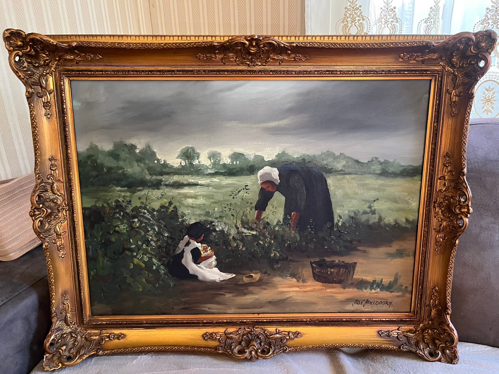 Groot oud olieverf schilderij boeren leven, Ophalen
