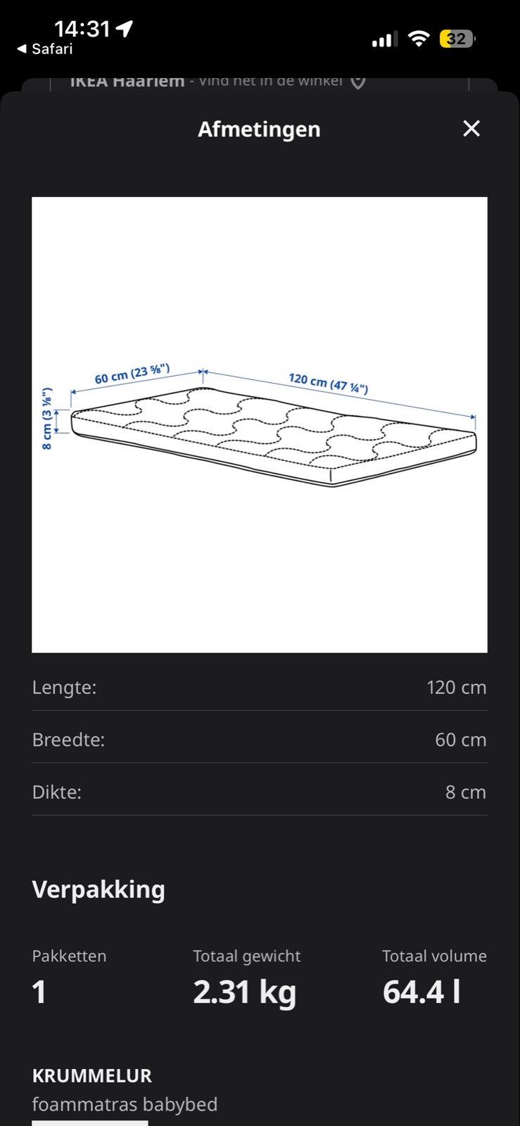 IKEA Krummelur matras 60x120 voor baby ledikant, Ophalen, 70 cm of minder, 190 cm of minder, Zo goed als nieuw