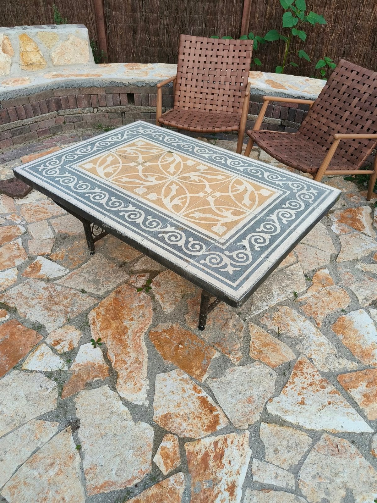 Prachtige lage tuintafel/lounge tafel met mozaïekblad, Tuin en Terras, Ophalen, Gebruikt, Rechthoekig, Metaal