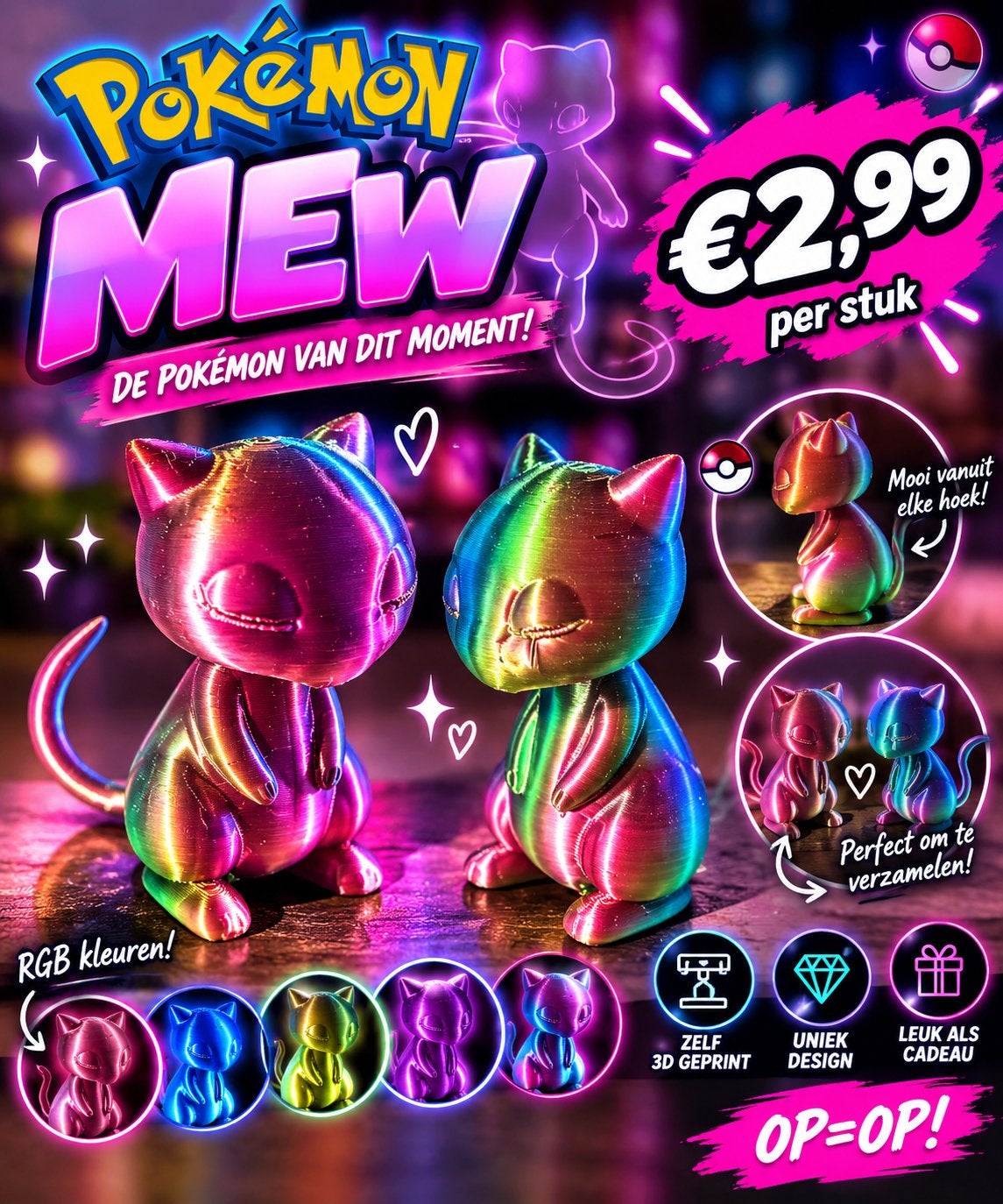 3D Geprinte Pokémon Mew Figuur - RGB Kleuren