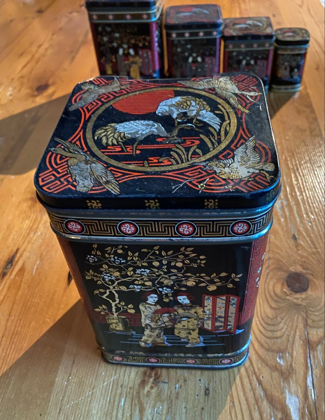Set van 5 Vintage Chinese/Japanse Theeblikken met Afbeelding, Ophalen of Verzenden, Gebruikt, Thee, Overige merken