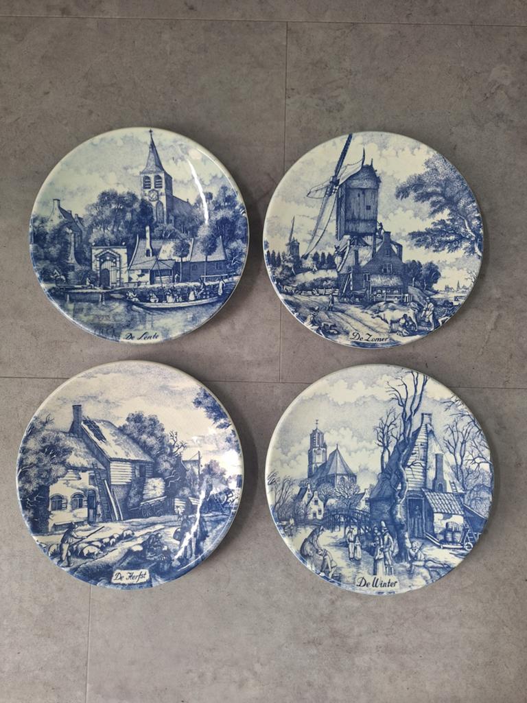 Vier Delfts Blauwe bordjes met de vier seizoenen, Ophalen of Verzenden
