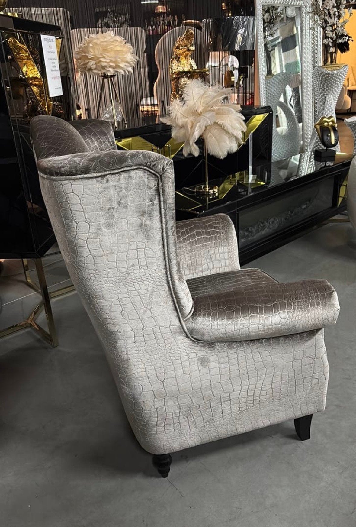 Croco velvet fauteuil champagne kleur, Ophalen, Zo goed als nieuw, 75 tot 100 cm, 50 tot 75 cm