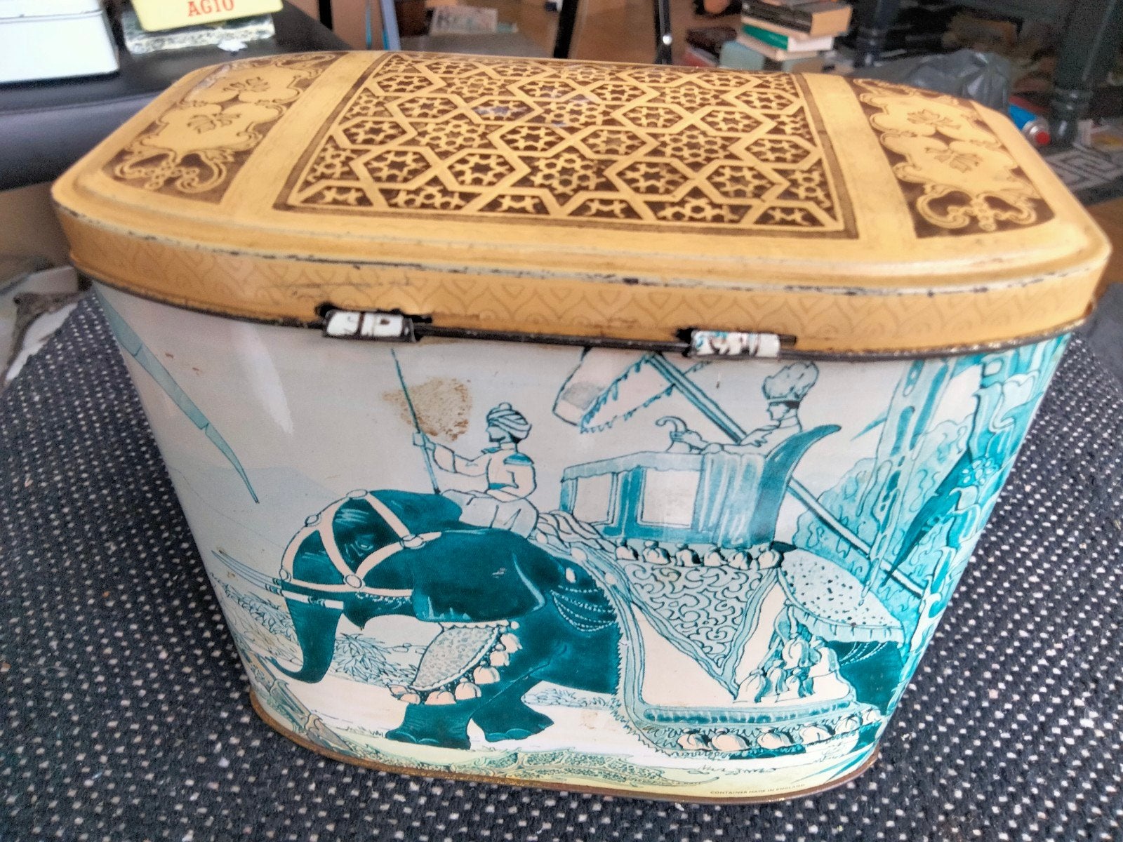 Vintage blikken trommel met olifantenmotief, Ophalen of Verzenden