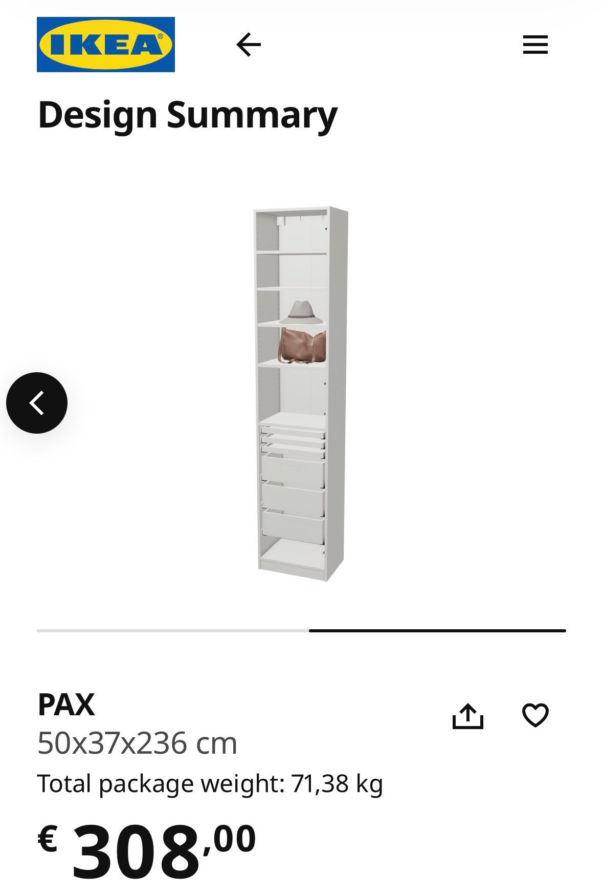 IKEA PAX / VIKANES kledingkast 50x38x236 cm, Ophalen, Met deur(en), 200 cm of meer, 50 tot 100 cm