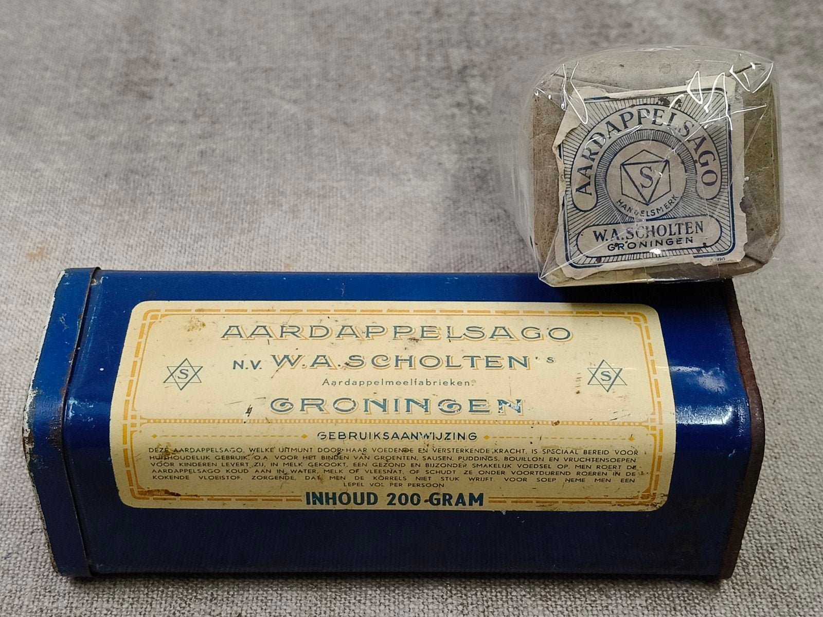 oud blikje+ pakje Scholten Groningen aardappelsago, Ophalen of Verzenden, Gebruikt, Verpakking
