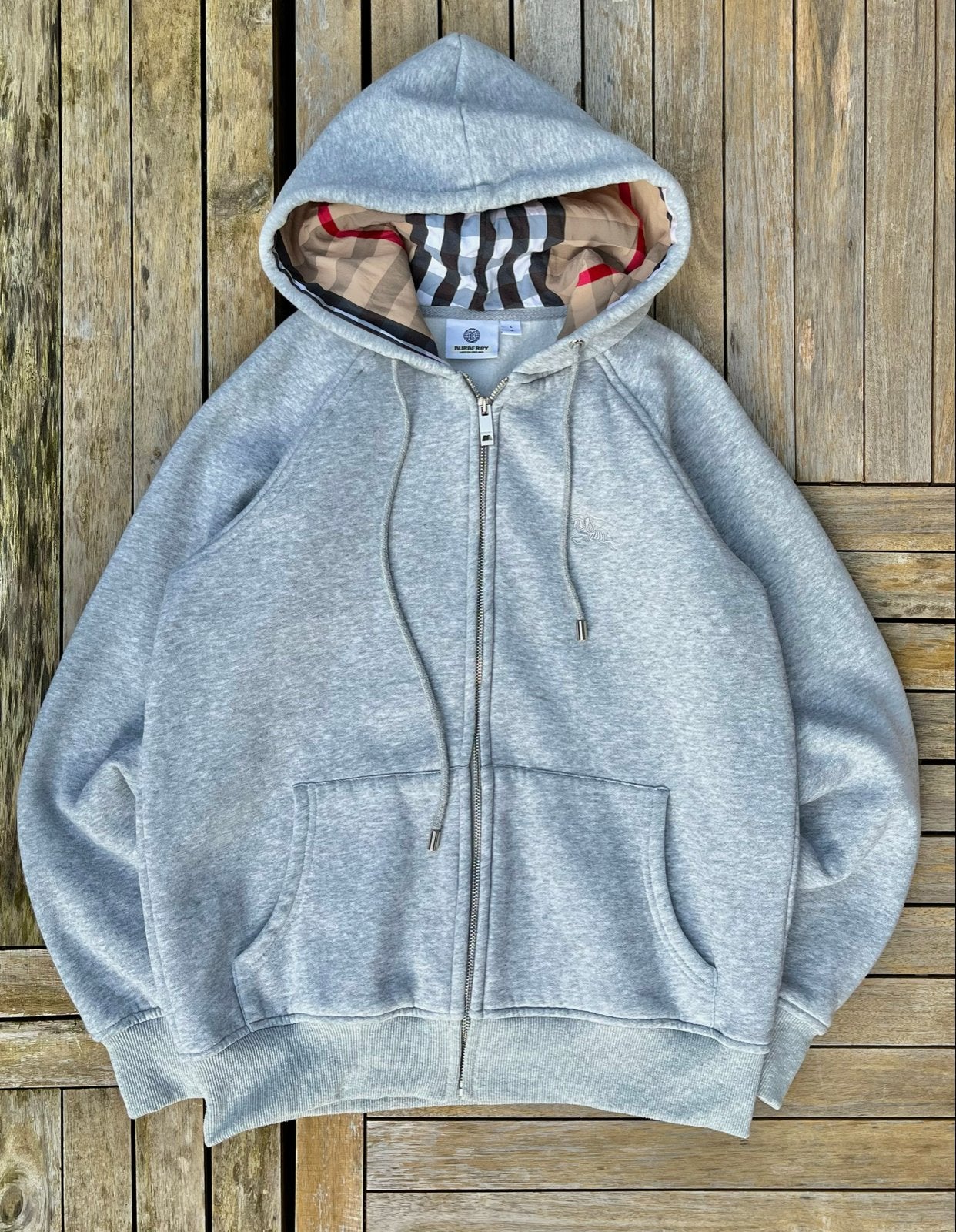 Burberry Hoodie Grijs met Geruite Voering - Maat L, Kleding | Heren, Ophalen of Verzenden, Zo goed als nieuw