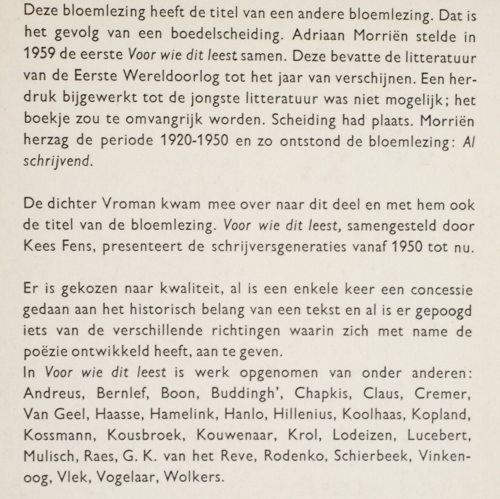 Voor wie dit leest: Proza en poëzie uit de jaren 50 en 60, Verzenden, Zo goed als nieuw, Kees Fens (samensteller), Meerdere auteurs