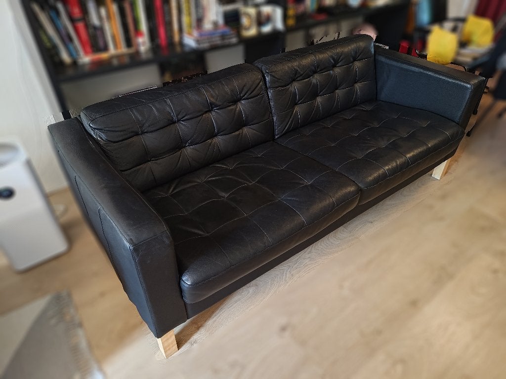 Ikea Karlsfors 3-zits bank zwart leer voorloper v Landskrona, Ophalen, Gebruikt, 150 tot 200 cm, Driepersoons