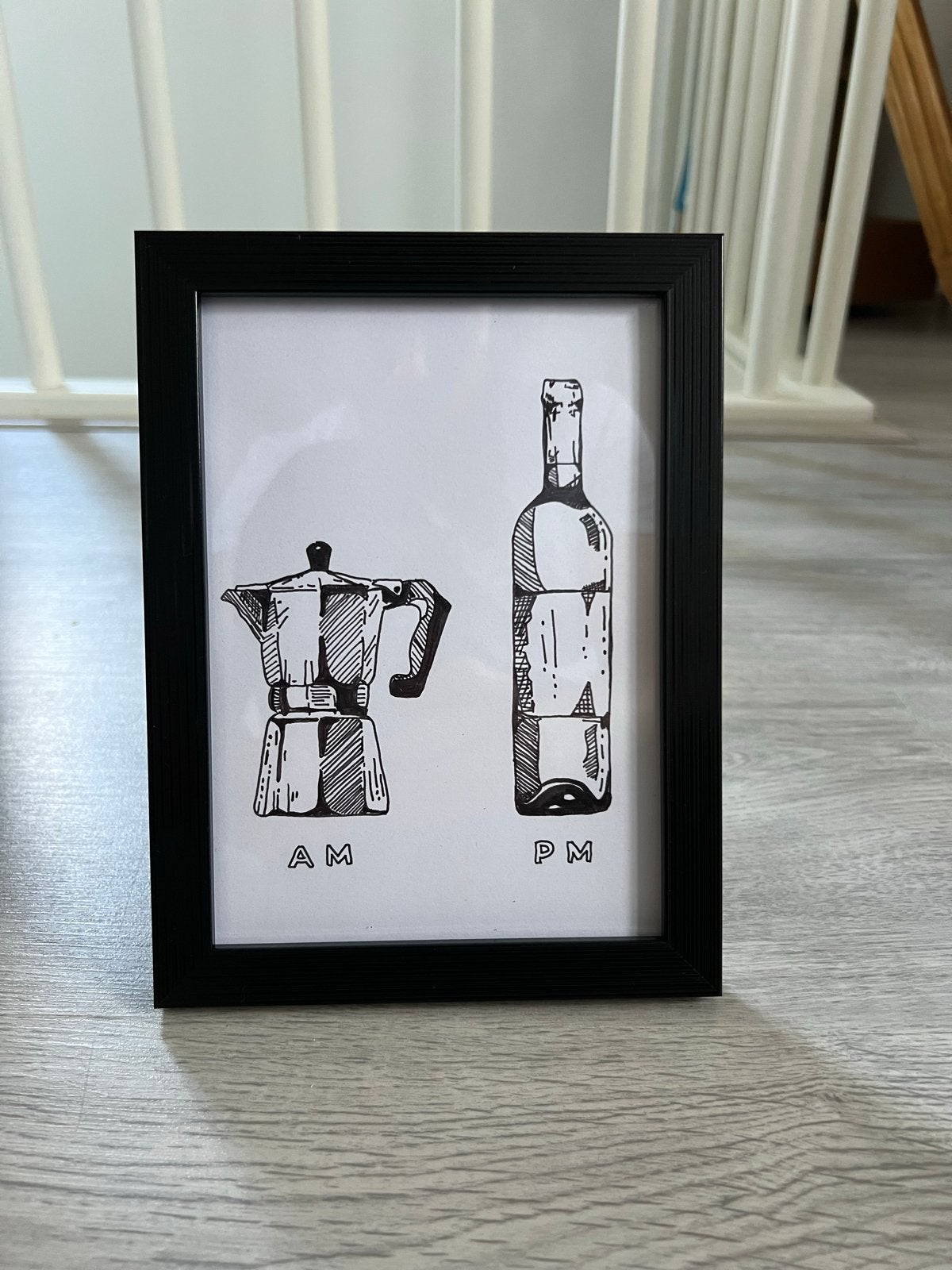 Handgemaakte AM/PM Koffie en Wijn Illustratie, Antiek en Kunst, Ophalen of Verzenden, Tekening, Pentekening, Handgemaakt