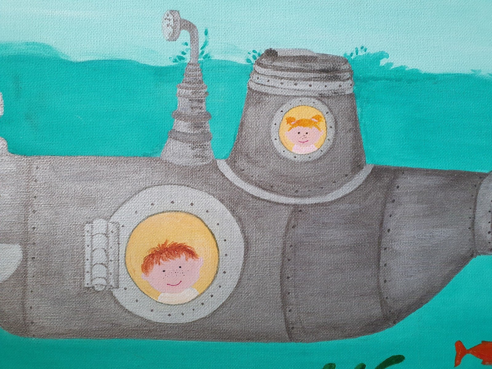 Vrolijk handgeschilderd duikboot schilderij 70x30cm, Acrylverf, Overig onderwerp, Ophalen of Verzenden, Handgeschilderd