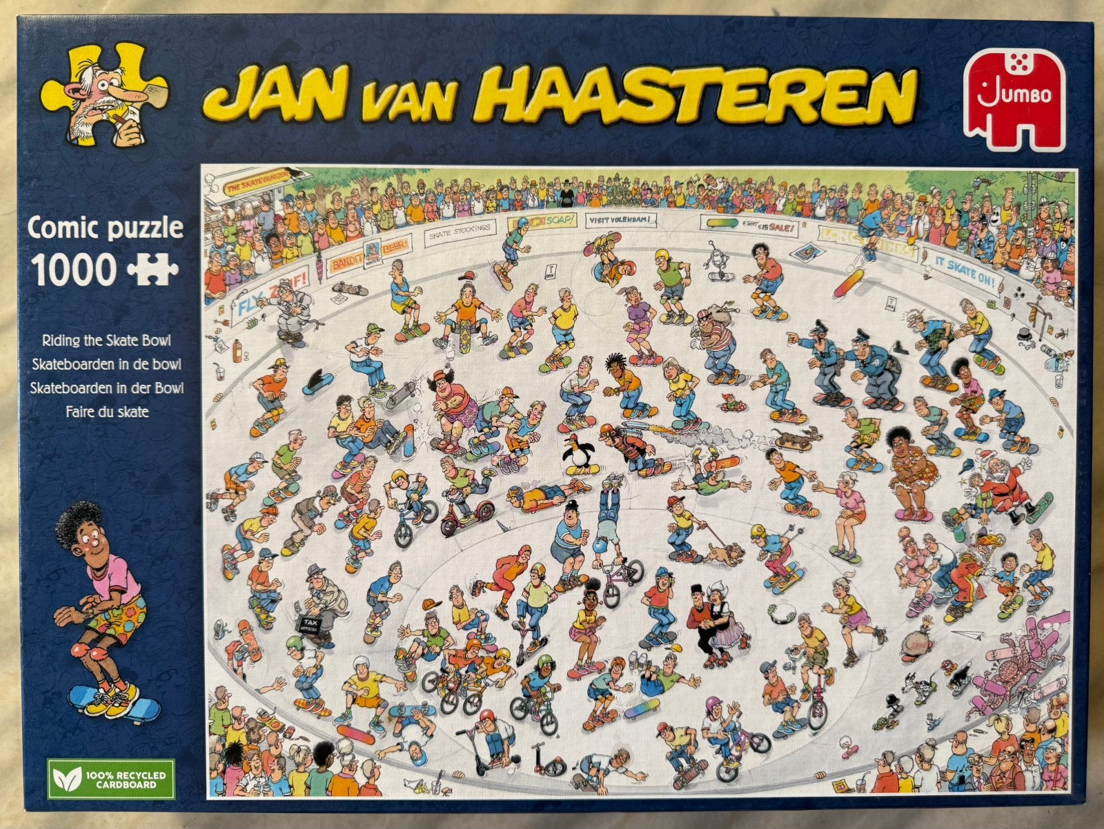Jan van Haasteren puzzel 1000 stk “Skateboarden in de Bowl”, Ophalen of Verzenden, 500 t/m 1500 stukjes, Zo goed als nieuw