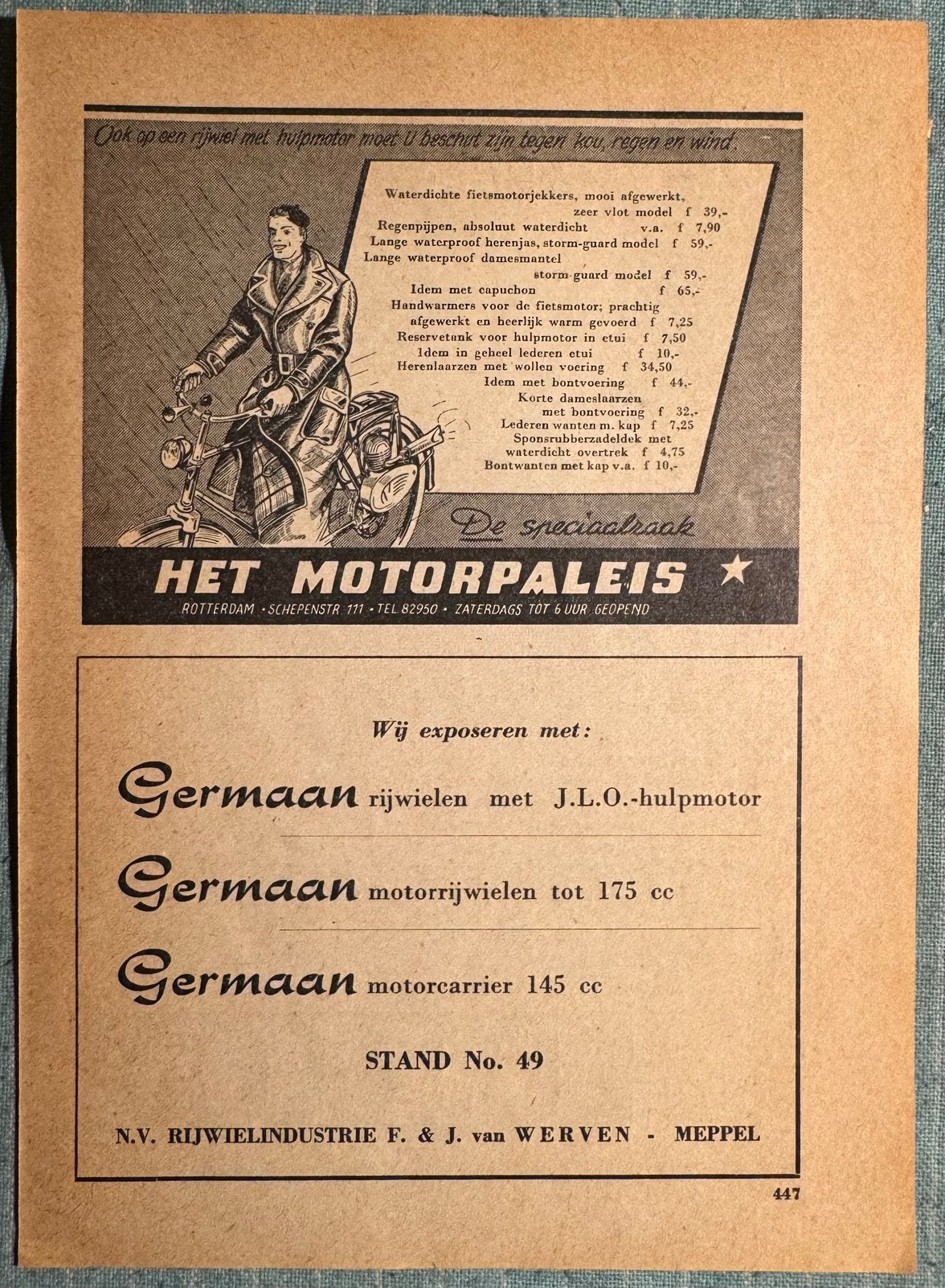 Advertentie 1951 Germaan rijwielen met hulpmotor op RAI, Verzamelen, Verzenden, Zo goed als nieuw, Motoren
