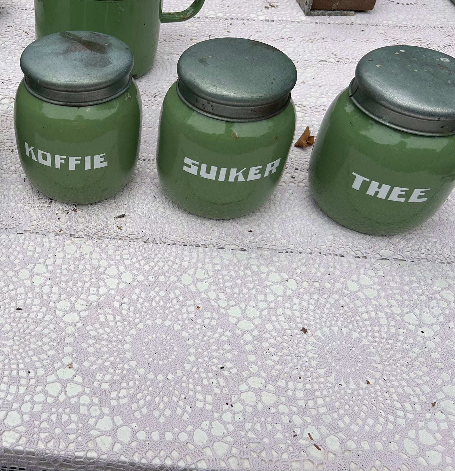 Vintage Groen Emaille Keuken Voorraadpotten en Melkkan, Ophalen of Verzenden