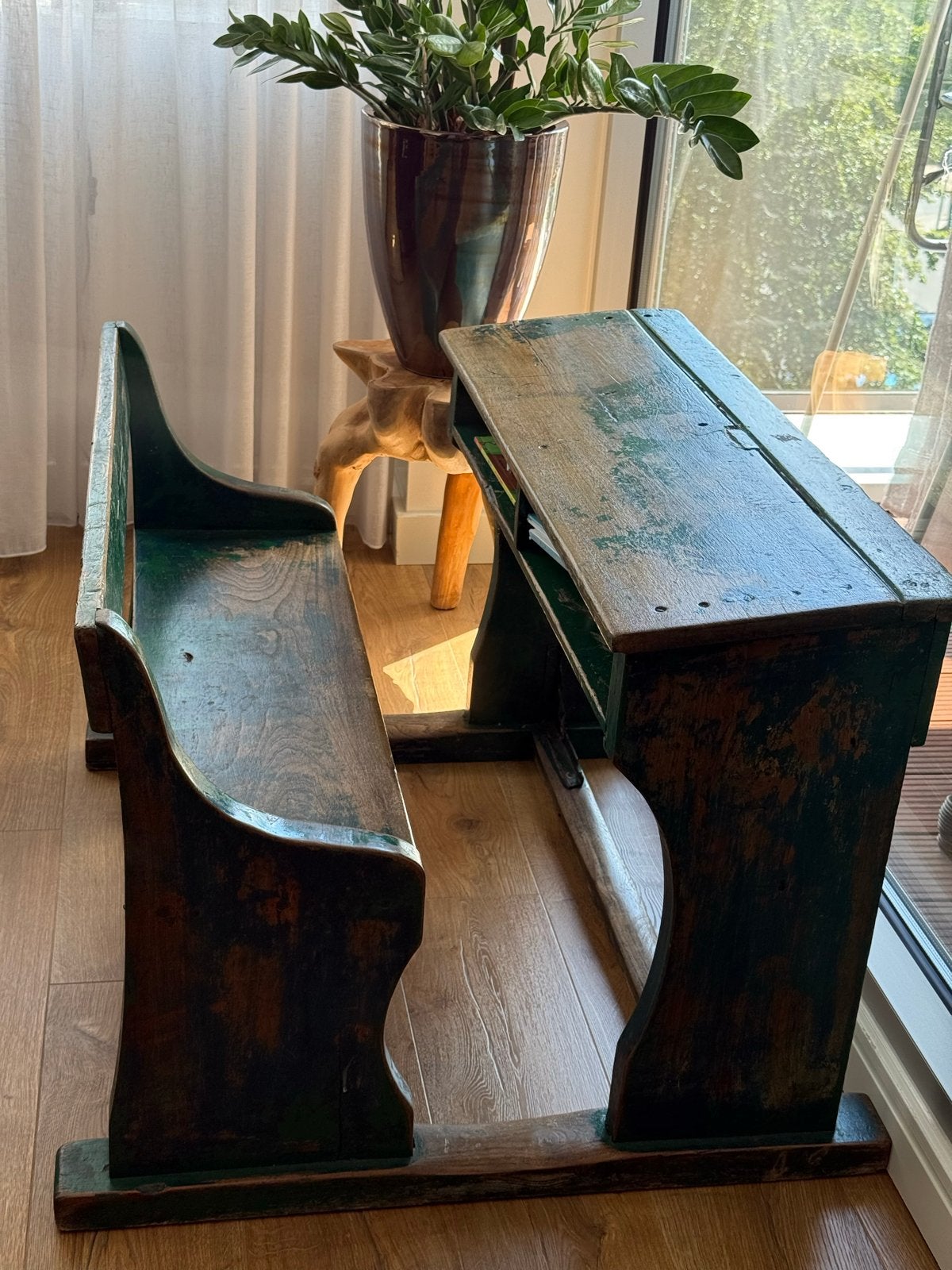 Vintage houten schoolbankje  - Groen, Ophalen
