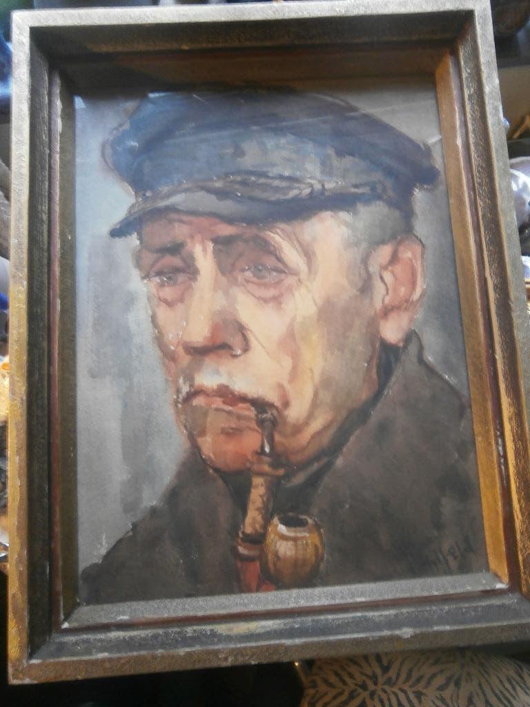 Mooi doorleeft portret Oude man met pijp gesigneerd, Antiek en Kunst, Kunst | Schilderijen | Klassiek, Ophalen