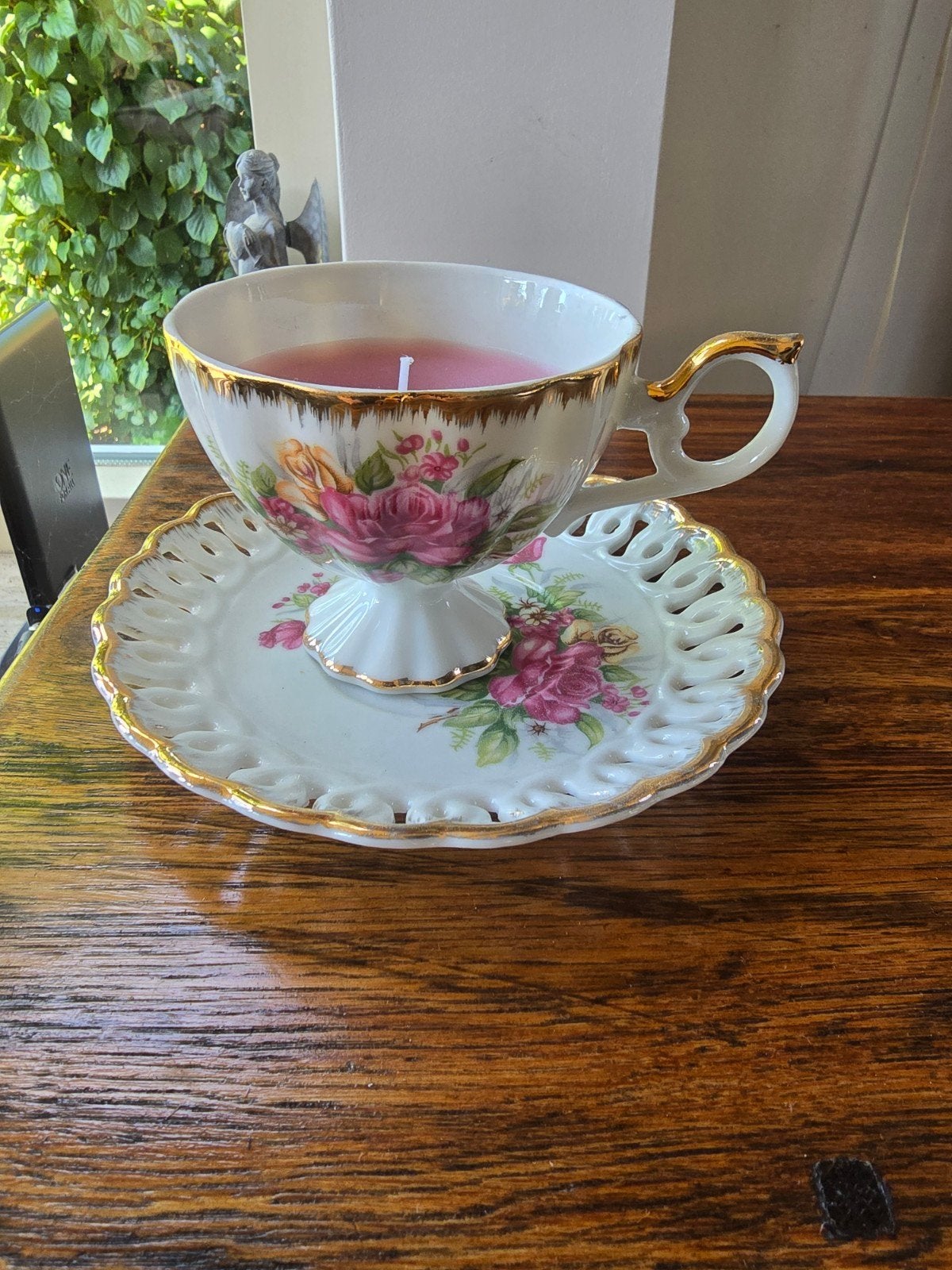 Kop en schotel met kaars, Ophalen of Verzenden, Kaars