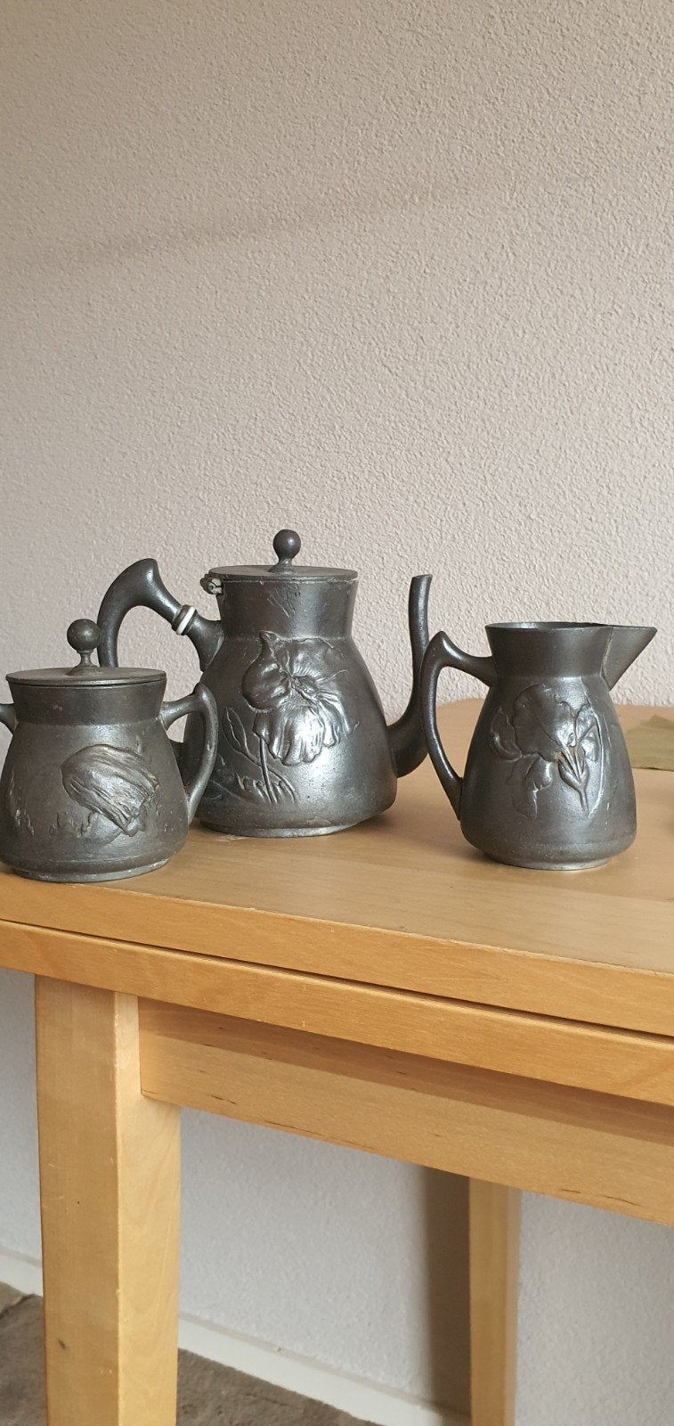 Tinnen koffie-/theeset – Zinn Handarbeit, Huis en Inrichting, Ophalen of Verzenden, Gebruikt, Overige materialen, Pot, Bus of Blik
