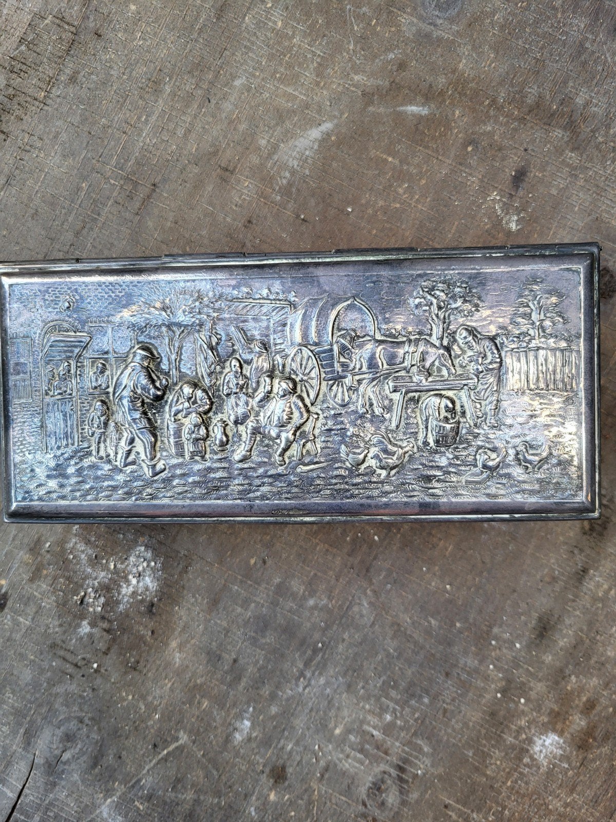 Antiek Verzilverd Kistje / Lepeldoos - Oud-Hollands Reliëf (, Antiek en Kunst, Antiek | Goud en Zilver, Ophalen