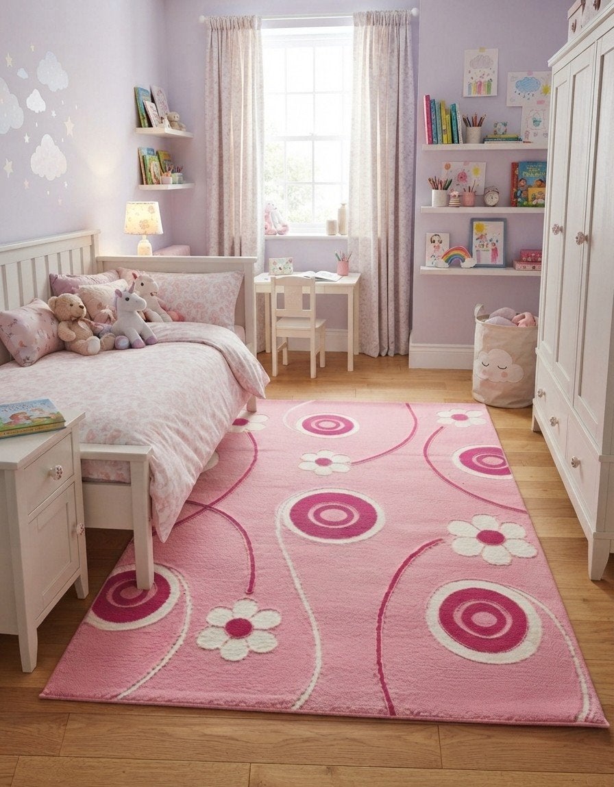 Roze vloerkleed met bloemenpatroon, 169x117 cm, Ophalen