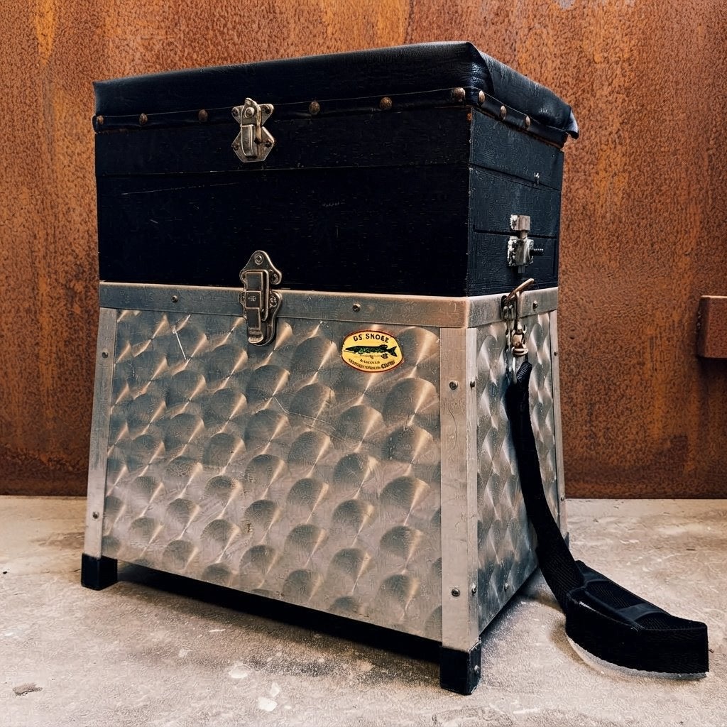 Vintage Viskoffer De Snoek Poef Aluminium Zwart Leer Kruk, Ophalen of Verzenden, Gebruikt, Hout